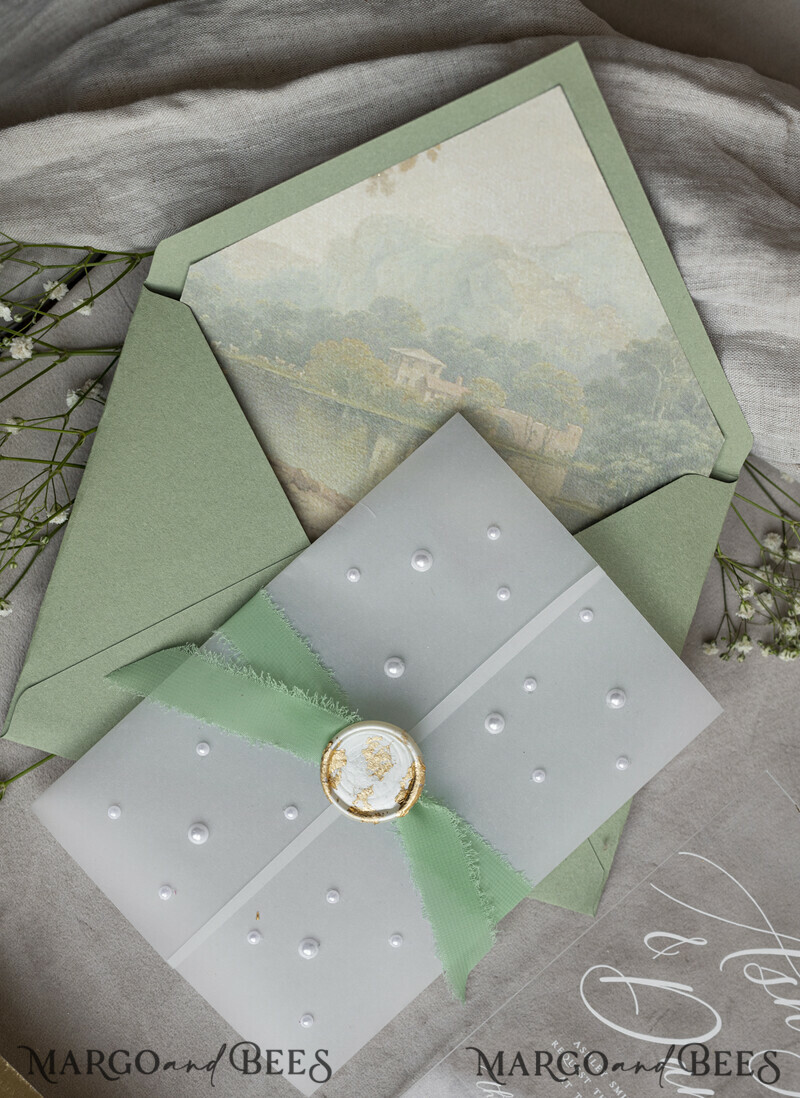 Ivory Beaded Wrapping Wedding Invitations, Elegant Clear Acrylic Wedding Cards, Plexi Transparent Wedding Invites, Wedding Invitation Suite with Pearls-18