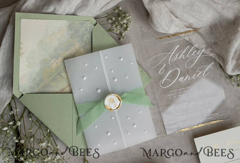 Ivory Beaded Wrapping Wedding Invitations, Elegant Clear Acrylic Wedding Cards, Plexi Transparent Wedding Invites, Wedding Invitation Suite with Pearls-19