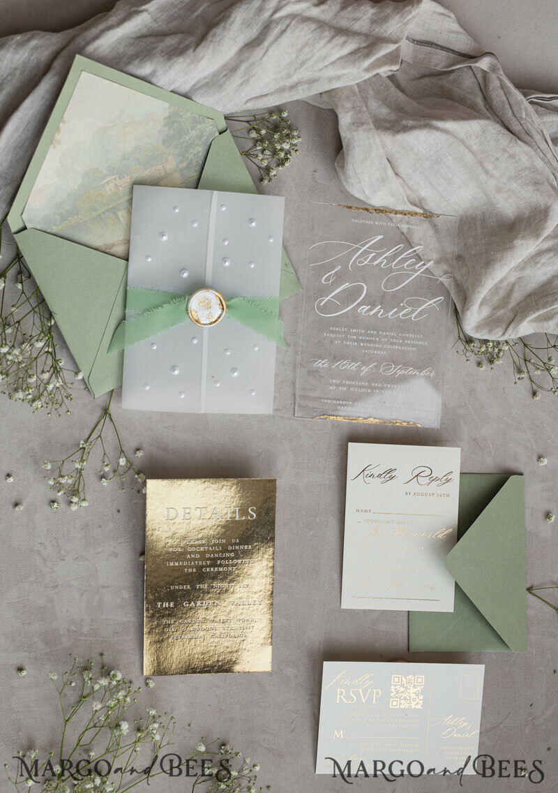 Ivory Beaded Wrapping Wedding Invitations, Elegant Clear Acrylic Wedding Cards, Plexi Transparent Wedding Invites, Wedding Invitation Suite with Pearls-0