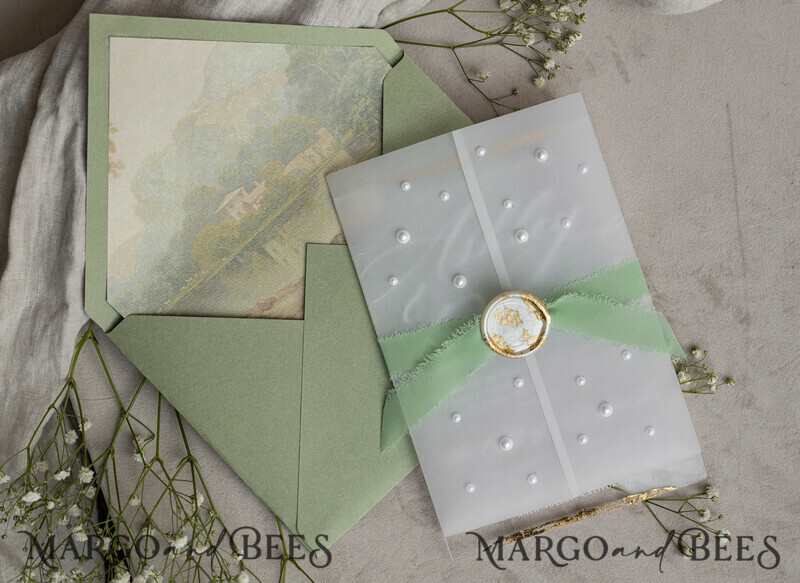 Ivory Beaded Wrapping Wedding Invitations, Elegant Clear Acrylic Wedding Cards, Plexi Transparent Wedding Invites, Wedding Invitation Suite with Pearls-6
