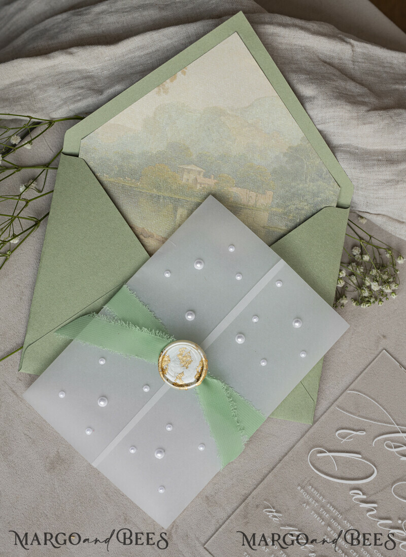 Ivory Beaded Wrapping Wedding Invitations, Elegant Clear Acrylic Wedding Cards, Plexi Transparent Wedding Invites, Wedding Invitation Suite with Pearls-8