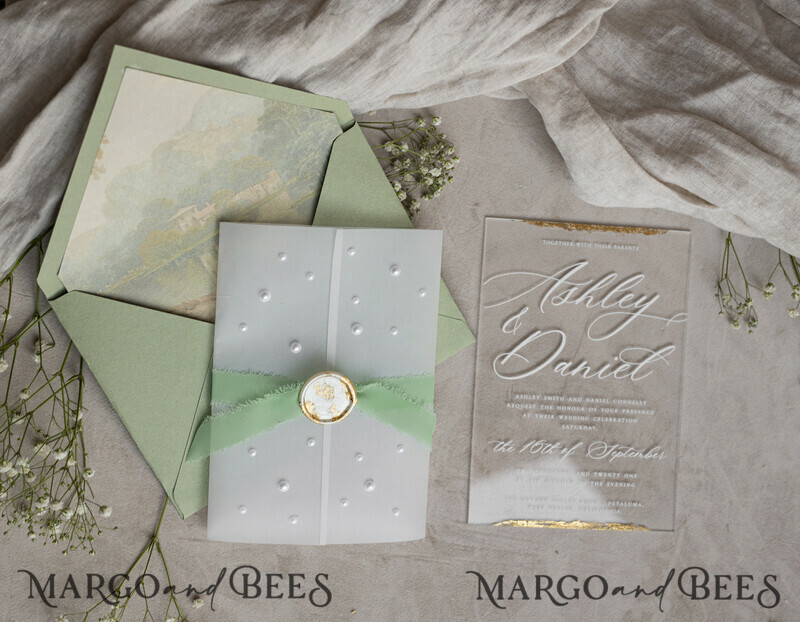 Ivory Beaded Wrapping Wedding Invitations, Elegant Clear Acrylic Wedding Cards, Plexi Transparent Wedding Invites, Wedding Invitation Suite with Pearls-2