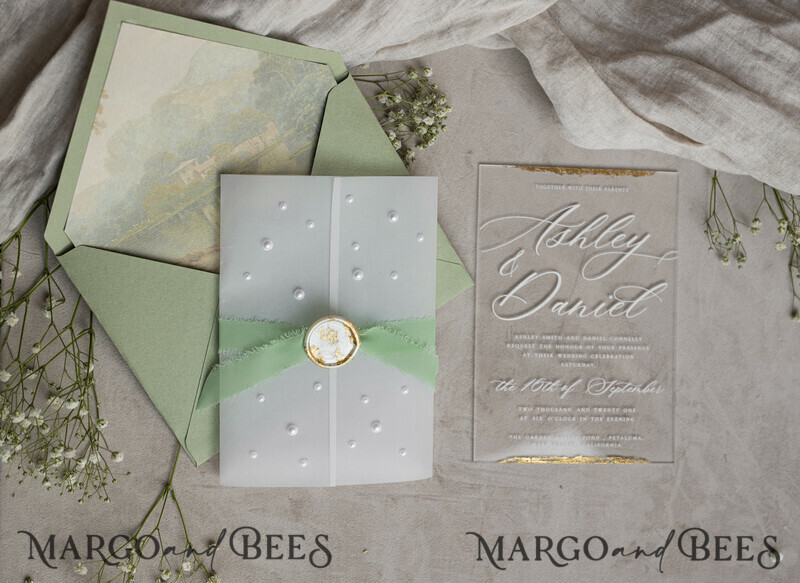 Ivory Beaded Wrapping Wedding Invitations, Elegant Clear Acrylic Wedding Cards, Plexi Transparent Wedding Invites, Wedding Invitation Suite with Pearls-10
