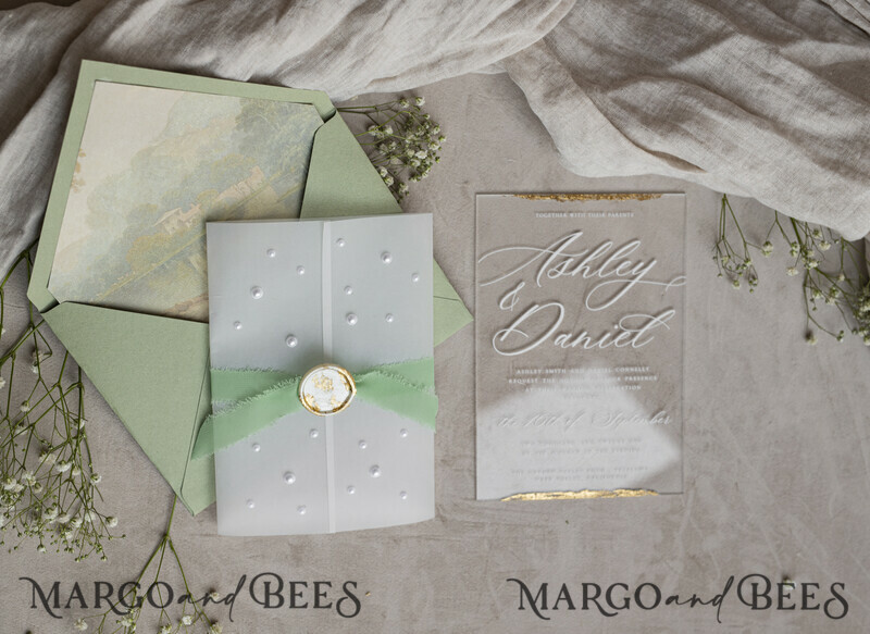 Ivory Beaded Wrapping Wedding Invitations, Elegant Clear Acrylic Wedding Cards, Plexi Transparent Wedding Invites, Wedding Invitation Suite with Pearls-11