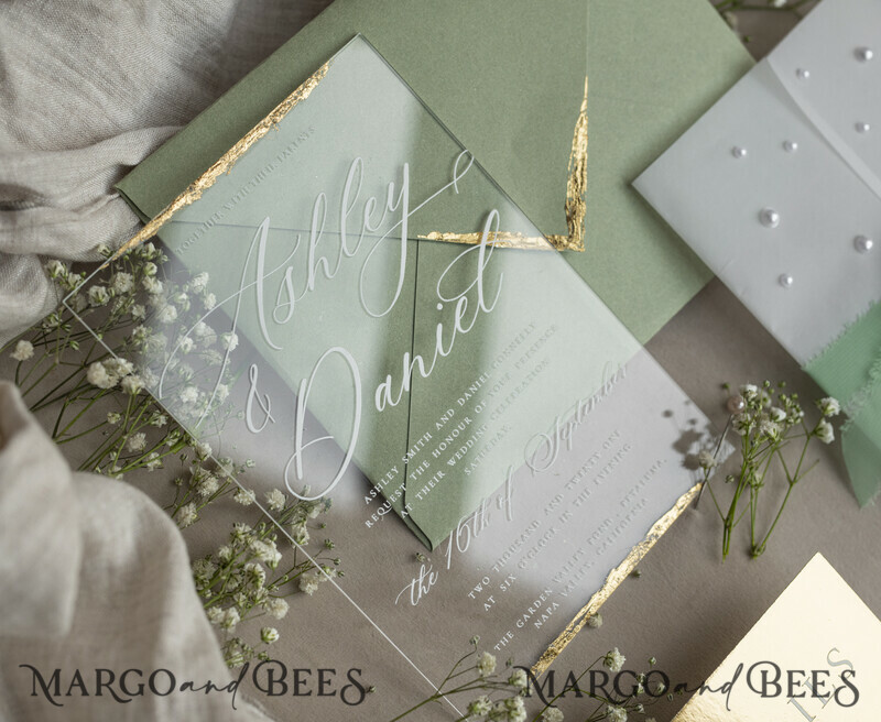 Ivory Beaded Wrapping Wedding Invitations, Elegant Clear Acrylic Wedding Cards, Plexi Transparent Wedding Invites, Wedding Invitation Suite with Pearls-22