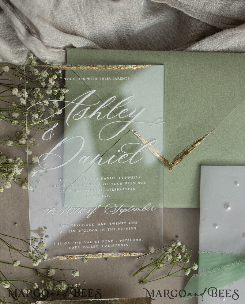 Ivory Beaded Wrapping Wedding Invitations, Elegant Clear Acrylic Wedding Cards, Plexi Transparent Wedding Invites, Wedding Invitation Suite with Pearls-1