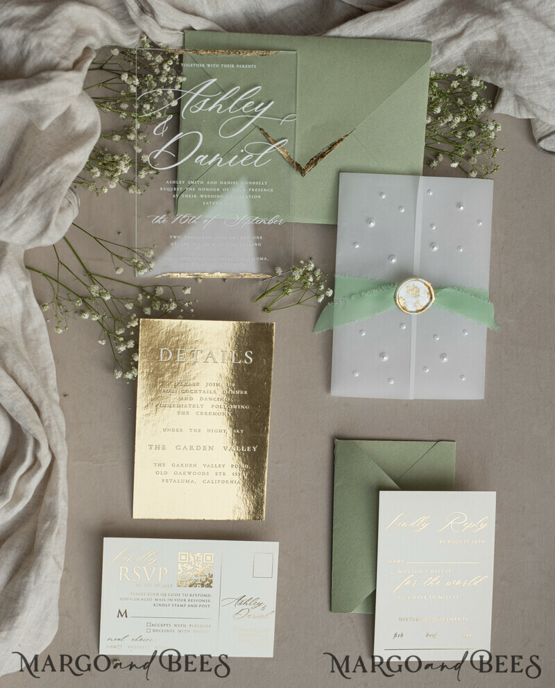 Ivory Beaded Wrapping Wedding Invitations, Elegant Clear Acrylic Wedding Cards, Plexi Transparent Wedding Invites, Wedding Invitation Suite with Pearls-26