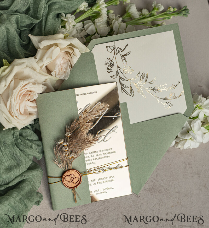Sage Green Mirror gold Wedding Invitations, Elegant Garden Wedding Cards, Greenery Acrylic Wedding Invites, Mirror Gold Plexi Wedding Invitation Suite-0