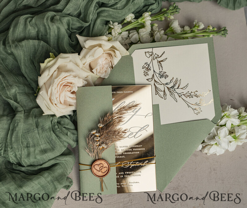 Sage Green Mirror gold Wedding Invitations, Elegant Garden Wedding Cards, Greenery Acrylic Wedding Invites, Mirror Gold Plexi Wedding Invitation Suite-2