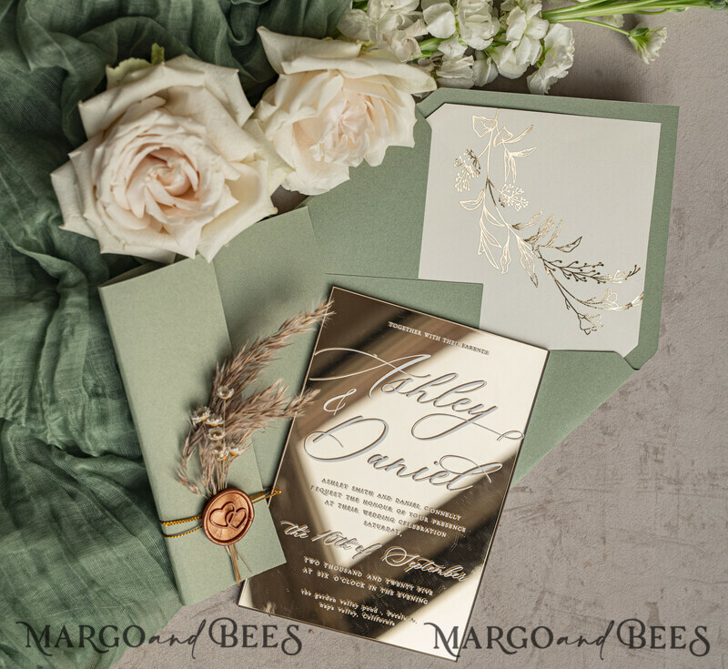 Sage Green Mirror gold Wedding Invitations, Elegant Garden Wedding Cards, Greenery Acrylic Wedding Invites, Mirror Gold Plexi Wedding Invitation Suite-13