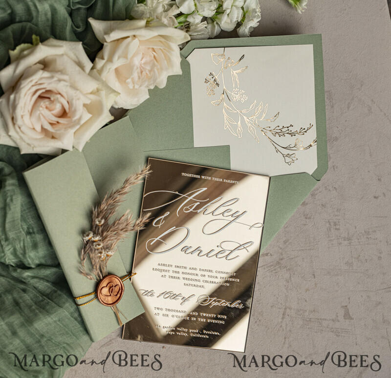 Sage Green Mirror gold Wedding Invitations, Elegant Garden Wedding Cards, Greenery Acrylic Wedding Invites, Mirror Gold Plexi Wedding Invitation Suite-14