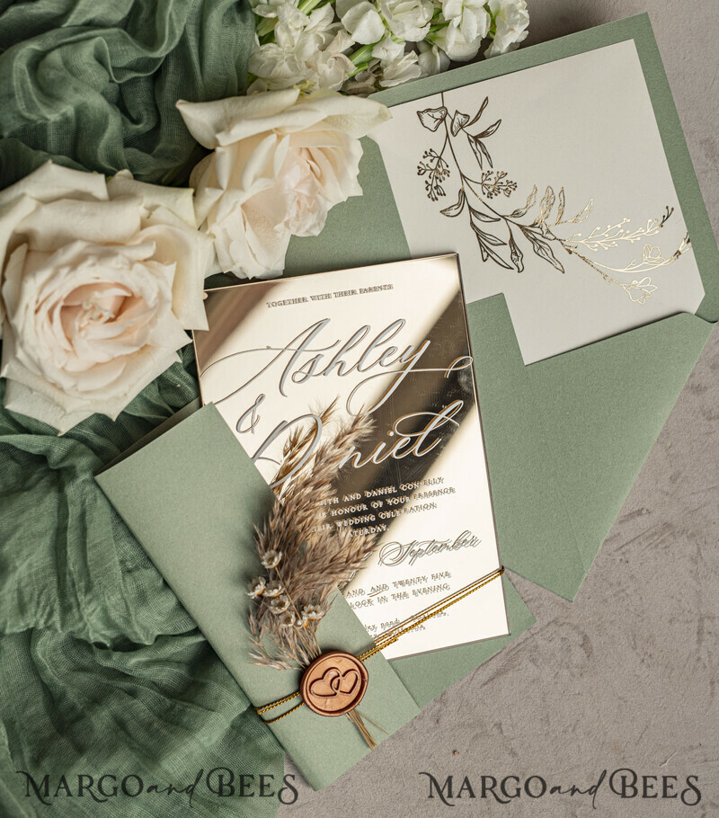 Sage Green Mirror gold Wedding Invitations, Elegant Garden Wedding Cards, Greenery Acrylic Wedding Invites, Mirror Gold Plexi Wedding Invitation Suite-15