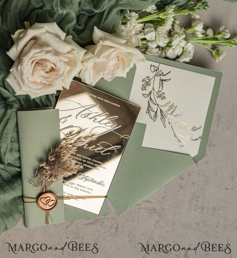 Sage Green Mirror gold Wedding Invitations, Elegant Garden Wedding Cards, Greenery Acrylic Wedding Invites, Mirror Gold Plexi Wedding Invitation Suite-16