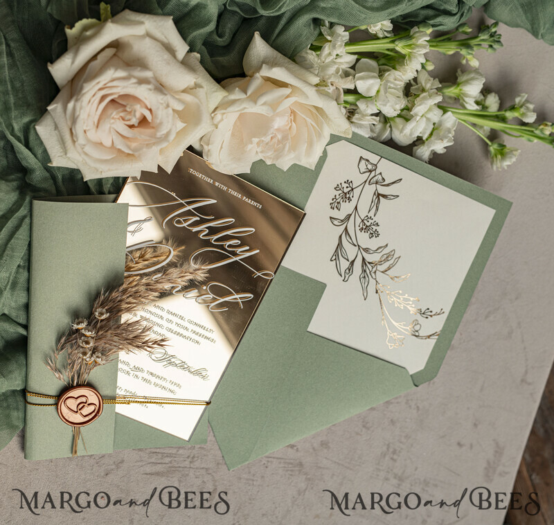 Sage Green Mirror gold Wedding Invitations, Elegant Garden Wedding Cards, Greenery Acrylic Wedding Invites, Mirror Gold Plexi Wedding Invitation Suite-17