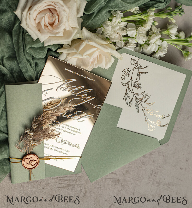 Sage Green Mirror gold Wedding Invitations, Elegant Garden Wedding Cards, Greenery Acrylic Wedding Invites, Mirror Gold Plexi Wedding Invitation Suite-18