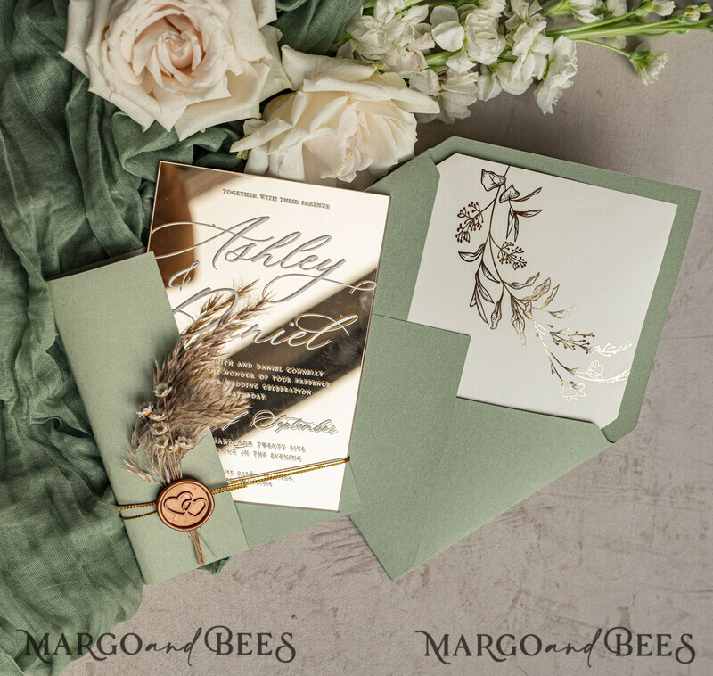 Sage Green Mirror gold Wedding Invitations, Elegant Garden Wedding Cards, Greenery Acrylic Wedding Invites, Mirror Gold Plexi Wedding Invitation Suite-19