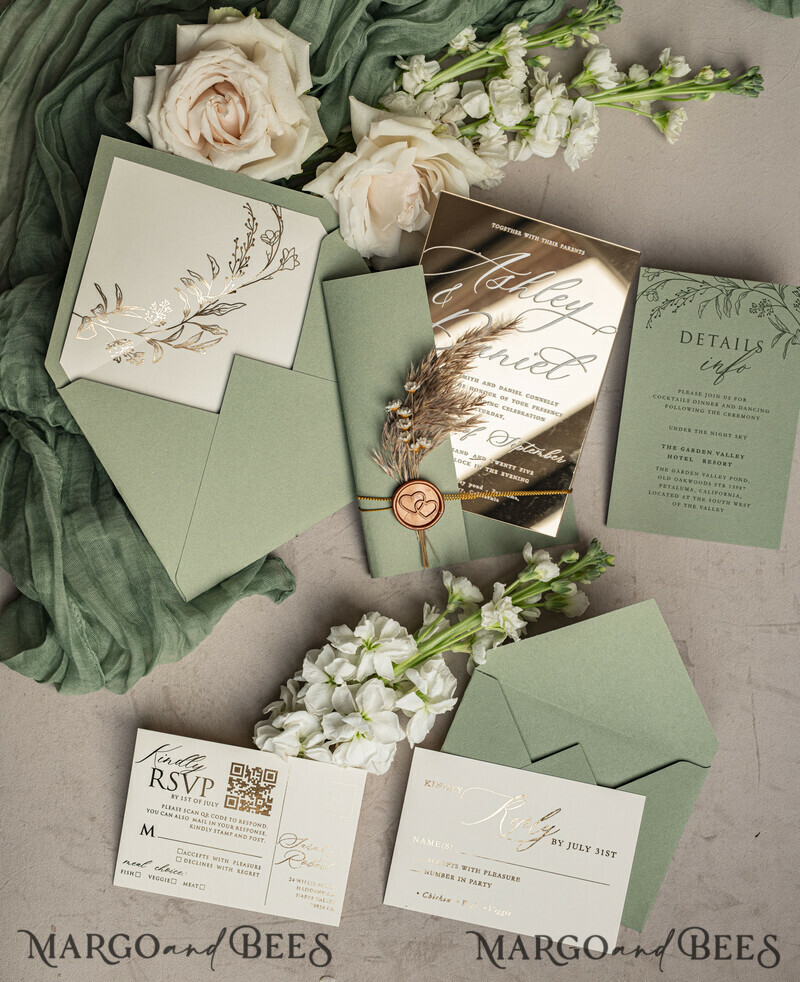 Sage Green Mirror gold Wedding Invitations, Elegant Garden Wedding Cards, Greenery Acrylic Wedding Invites, Mirror Gold Plexi Wedding Invitation Suite-1
