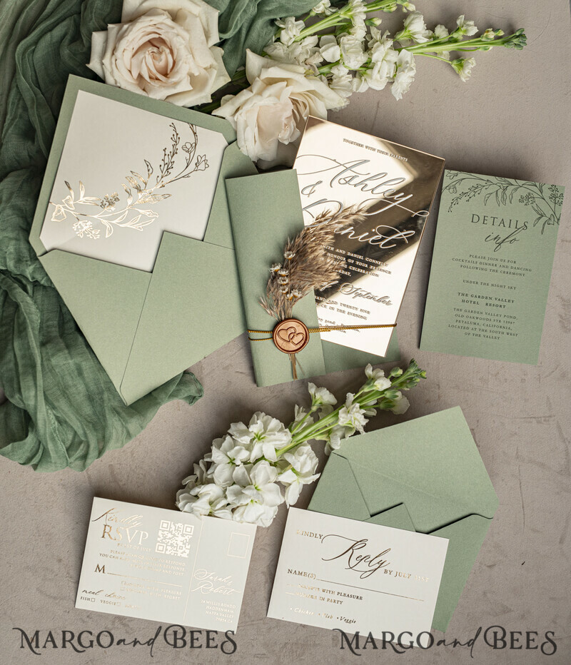 Sage Green Mirror gold Wedding Invitations, Elegant Garden Wedding Cards, Greenery Acrylic Wedding Invites, Mirror Gold Plexi Wedding Invitation Suite-20