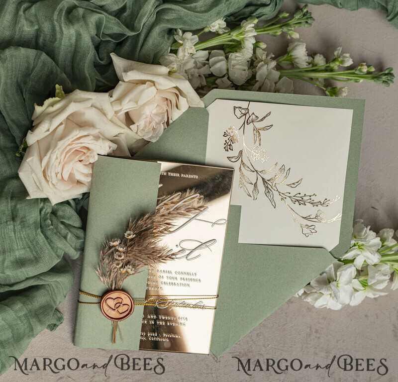 Sage Green Mirror gold Wedding Invitations, Elegant Garden Wedding Cards, Greenery Acrylic Wedding Invites, Mirror Gold Plexi Wedding Invitation Suite-5