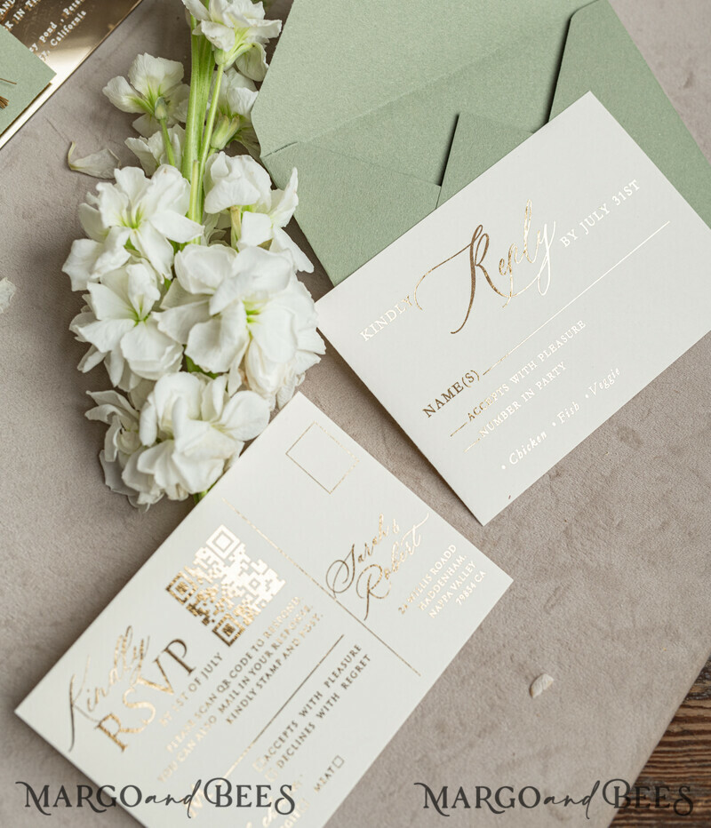 Sage Green Mirror gold Wedding Invitations, Elegant Garden Wedding Cards, Greenery Acrylic Wedding Invites, Mirror Gold Plexi Wedding Invitation Suite-22