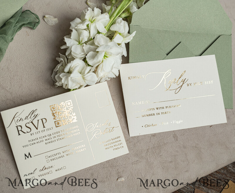 Sage Green Mirror gold Wedding Invitations, Elegant Garden Wedding Cards, Greenery Acrylic Wedding Invites, Mirror Gold Plexi Wedding Invitation Suite-3