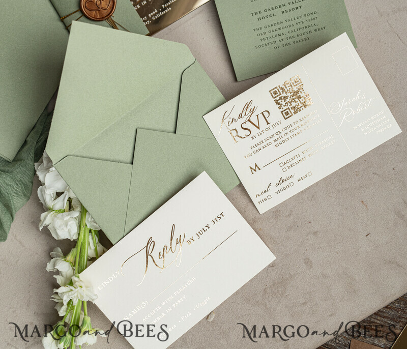 Sage Green Mirror gold Wedding Invitations, Elegant Garden Wedding Cards, Greenery Acrylic Wedding Invites, Mirror Gold Plexi Wedding Invitation Suite-23