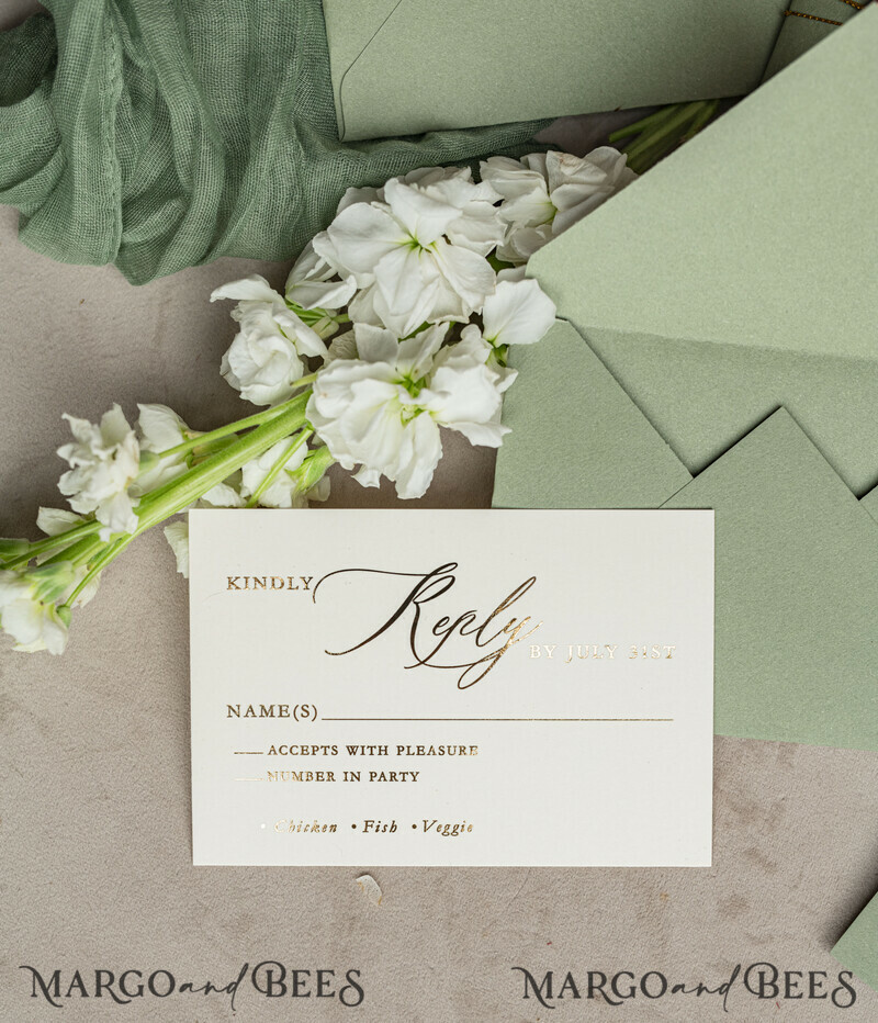 Sage Green Mirror gold Wedding Invitations, Elegant Garden Wedding Cards, Greenery Acrylic Wedding Invites, Mirror Gold Plexi Wedding Invitation Suite-24