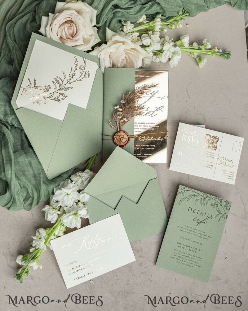 Sage Green Mirror gold Wedding Invitations, Elegant Garden Wedding Cards, Greenery Acrylic Wedding Invites, Mirror Gold Plexi Wedding Invitation Suite-27