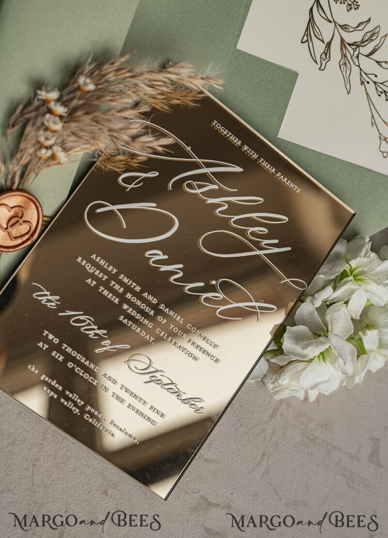 Sage Green Mirror gold Wedding Invitations, Elegant Garden Wedding Cards, Greenery Acrylic Wedding Invites, Mirror Gold Plexi Wedding Invitation Suite-6