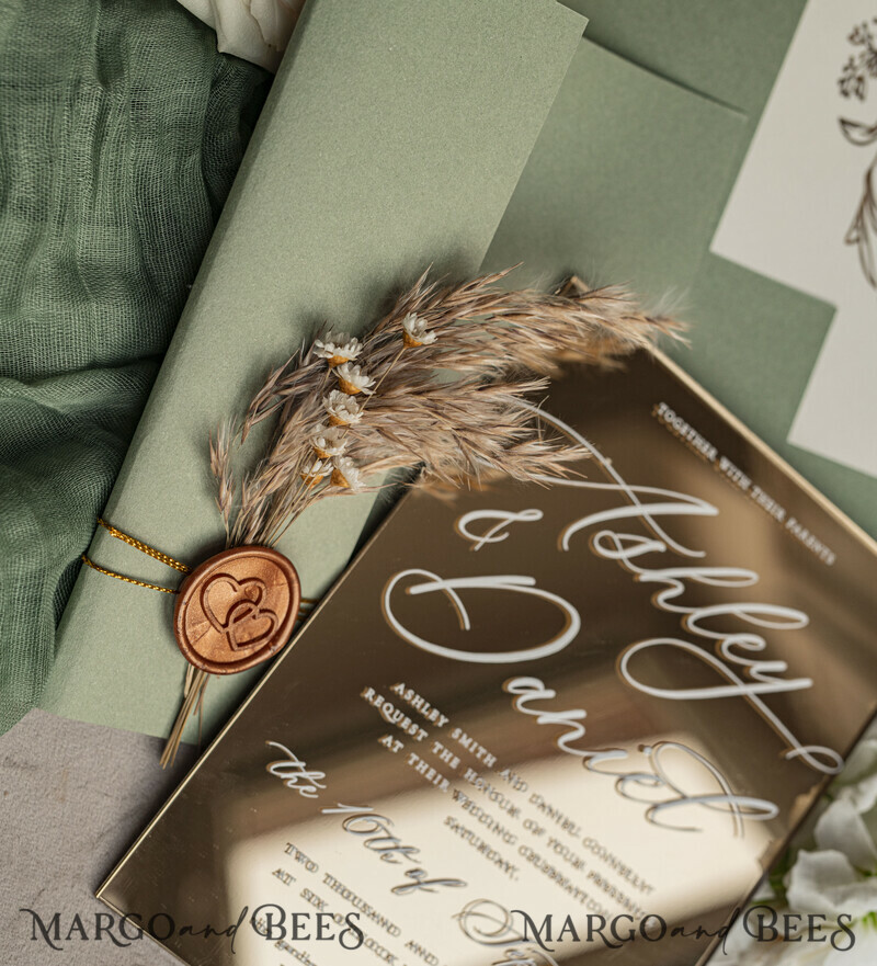 Sage Green Mirror gold Wedding Invitations, Elegant Garden Wedding Cards, Greenery Acrylic Wedding Invites, Mirror Gold Plexi Wedding Invitation Suite-7