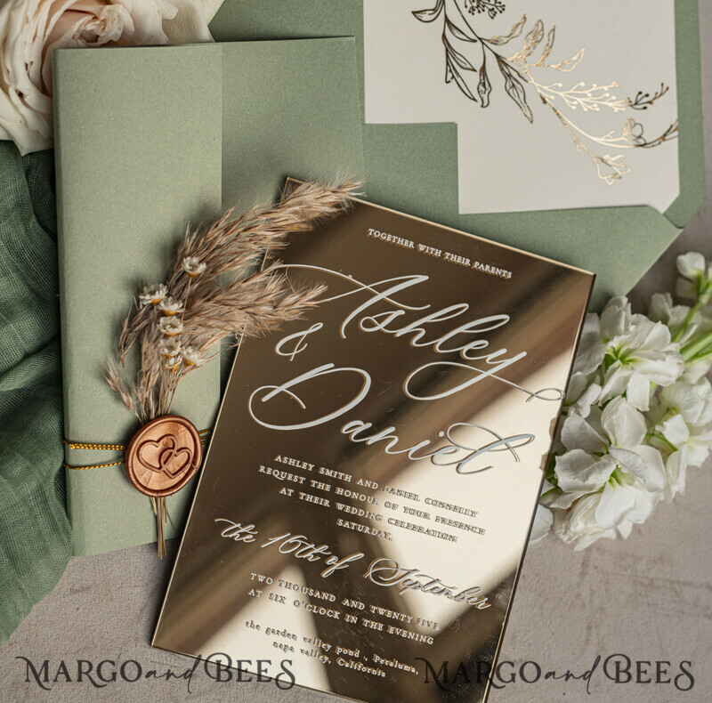 Sage Green Mirror gold Wedding Invitations, Elegant Garden Wedding Cards, Greenery Acrylic Wedding Invites, Mirror Gold Plexi Wedding Invitation Suite-8