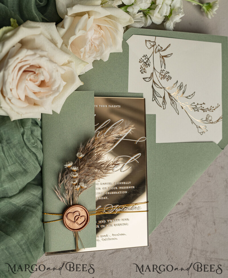 Sage Green Mirror gold Wedding Invitations, Elegant Garden Wedding Cards, Greenery Acrylic Wedding Invites, Mirror Gold Plexi Wedding Invitation Suite-10
