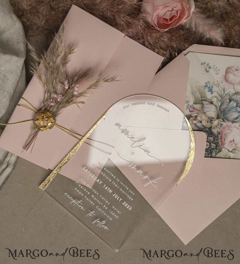 Blush Pink Clear Arched Wedding Invitations, Elegant Garden Wedding Cards, Nude Acrylic transparent Wedding Invites, Arch Plexi Wedding Invitation Suite-22