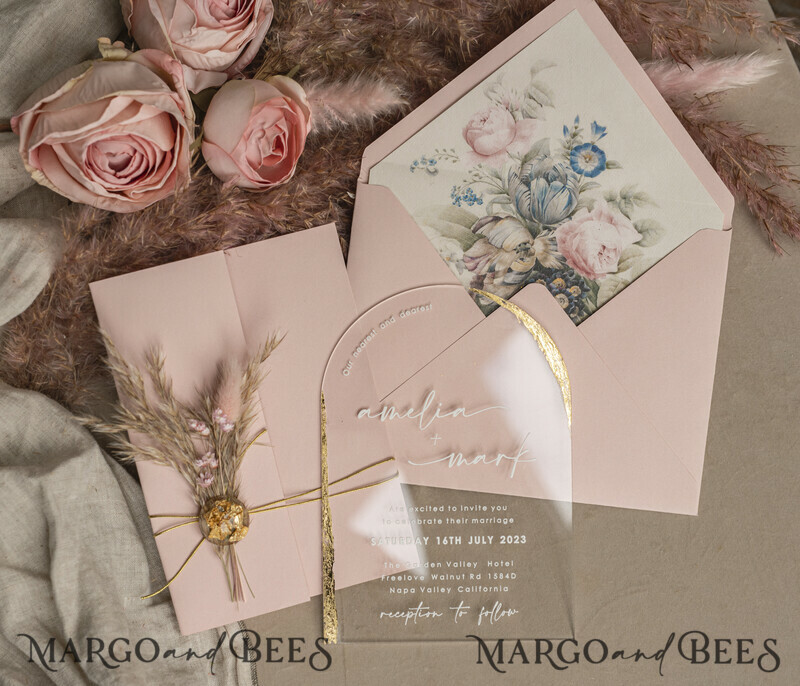 Blush Pink Clear Arched Wedding Invitations, Elegant Garden Wedding Cards, Nude Acrylic transparent Wedding Invites, Arch Plexi Wedding Invitation Suite-3