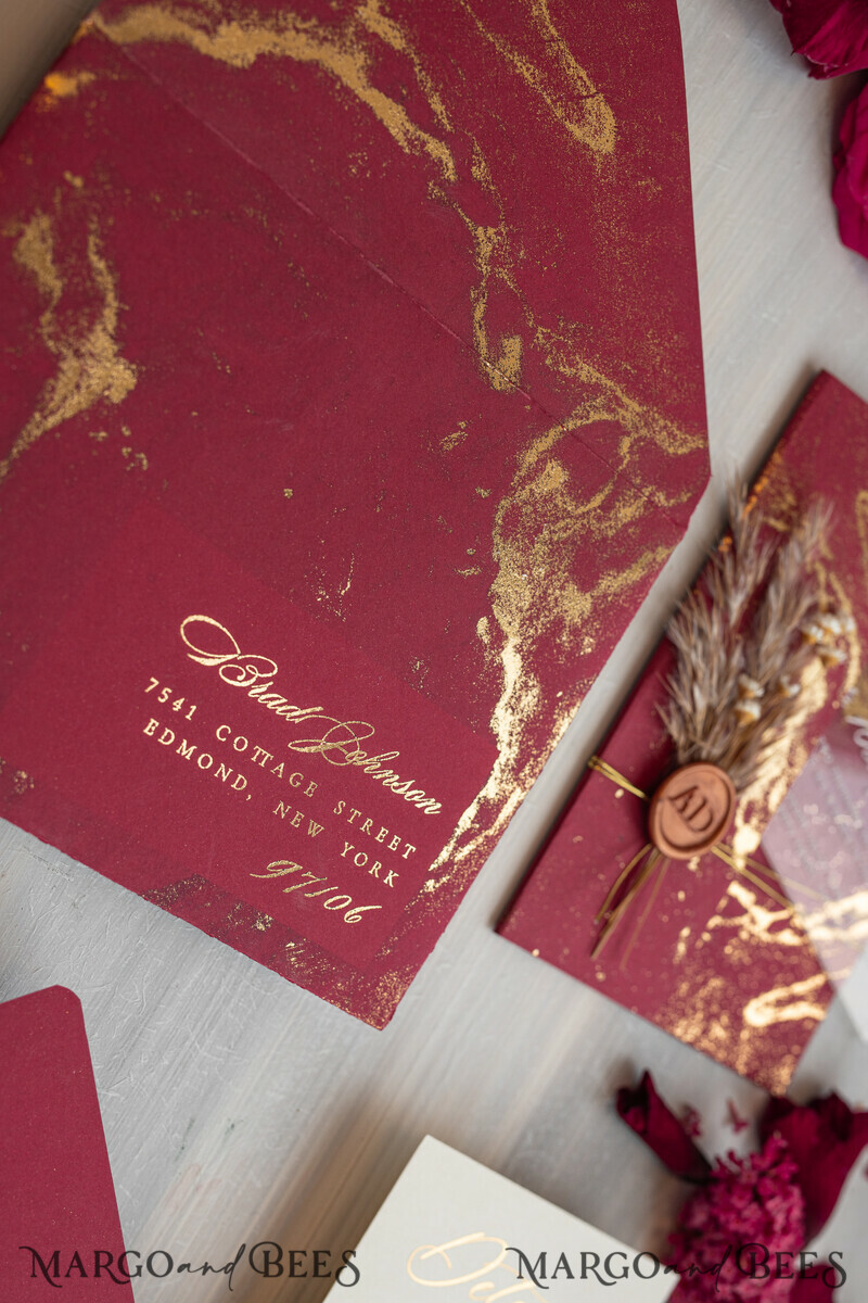 Burgundy Mirror gold Wedding Invitations, Elegant Marble Wedding Cards-2