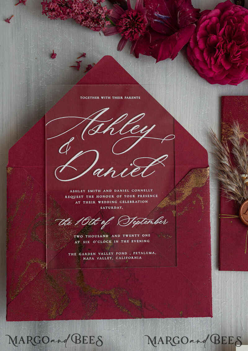 Burgundy Mirror gold Wedding Invitations, Elegant Marble Wedding Cards-11