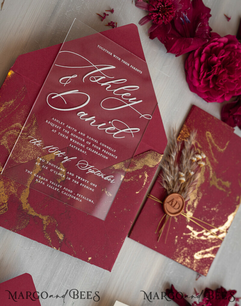 Burgundy Mirror gold Wedding Invitations, Elegant Marble Wedding Cards-12