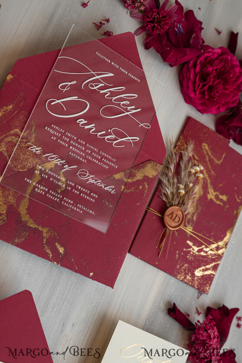 Burgundy Mirror gold Wedding Invitations, Elegant Marble Wedding Cards-13