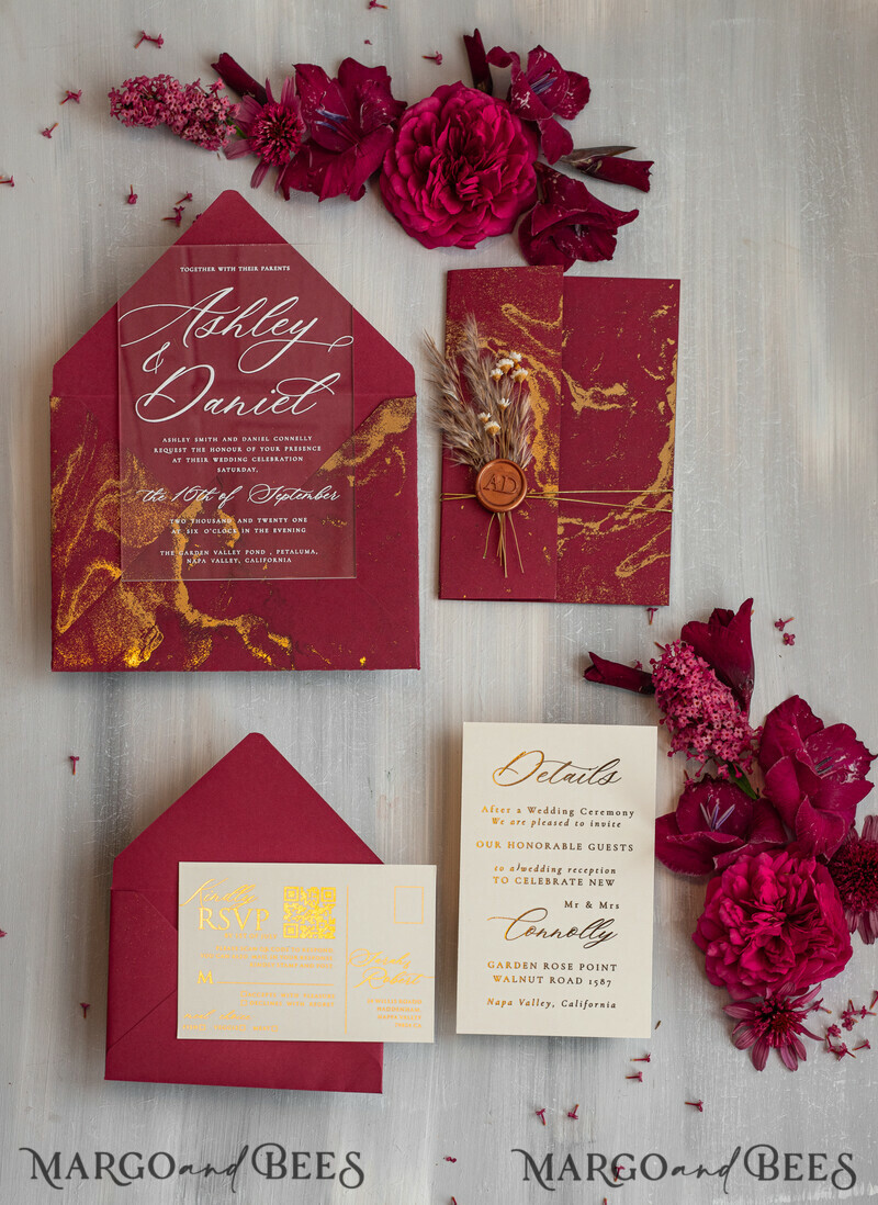 Burgundy Mirror gold Wedding Invitations, Elegant Marble Wedding Cards-14