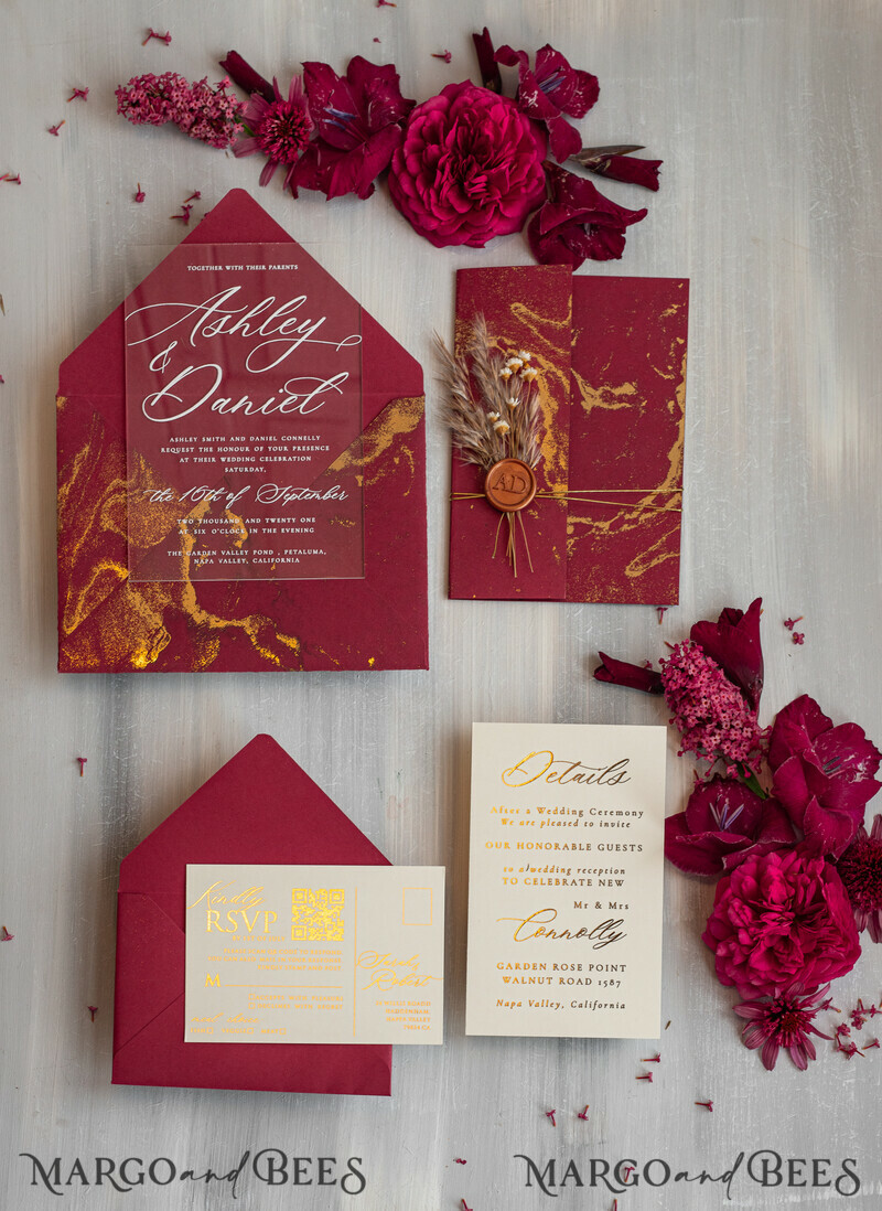 Burgundy Mirror gold Wedding Invitations, Elegant Marble Wedding Cards-15