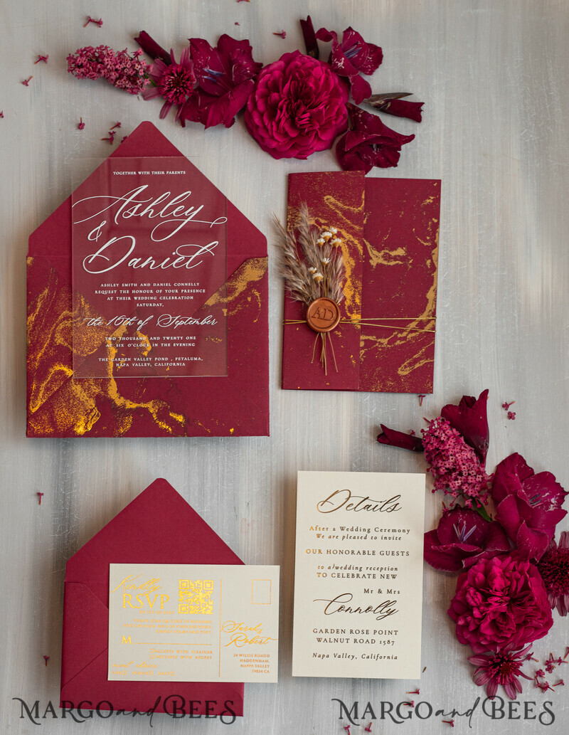 Burgundy Mirror gold Wedding Invitations, Elegant Marble Wedding Cards-16