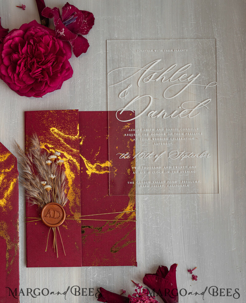 Burgundy Mirror gold Wedding Invitations, Elegant Marble Wedding Cards-17