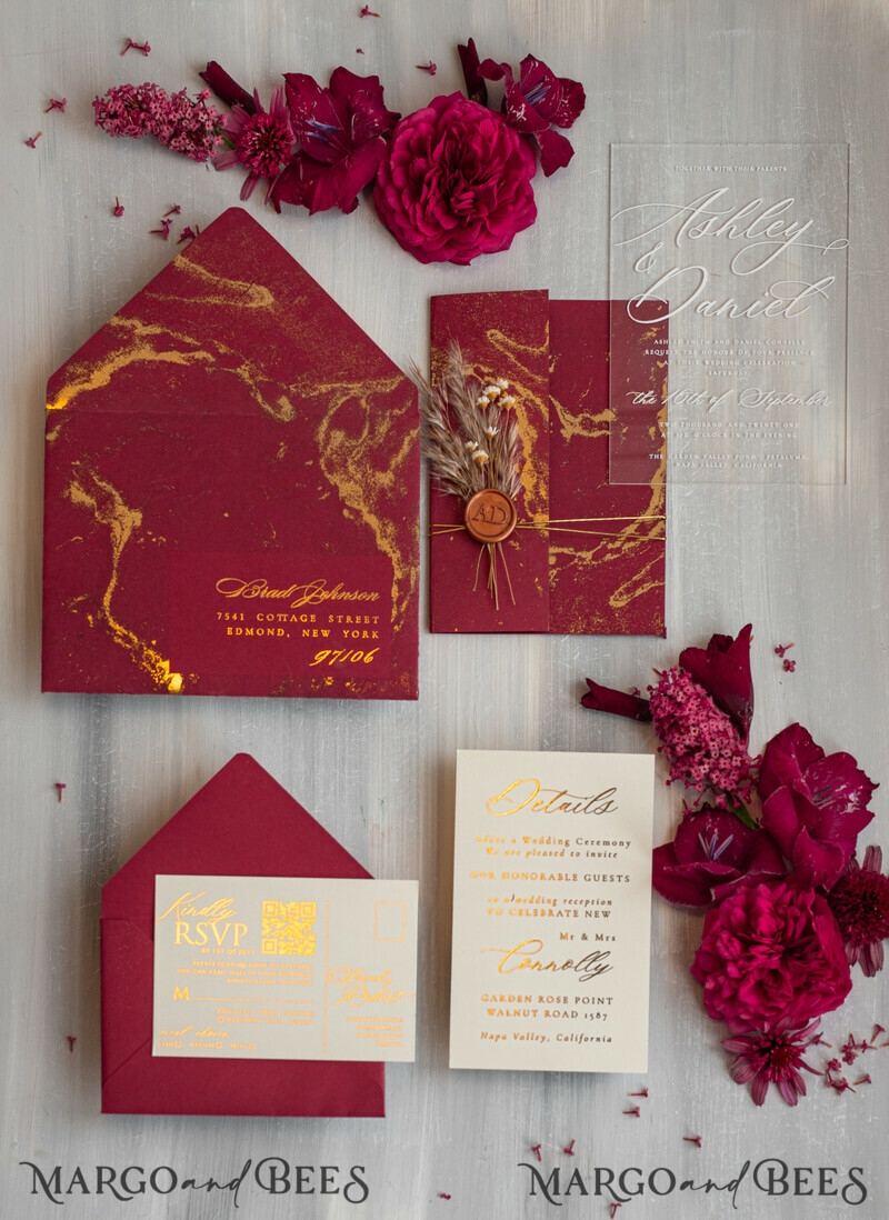 Burgundy Mirror gold Wedding Invitations, Elegant Marble Wedding Cards-18