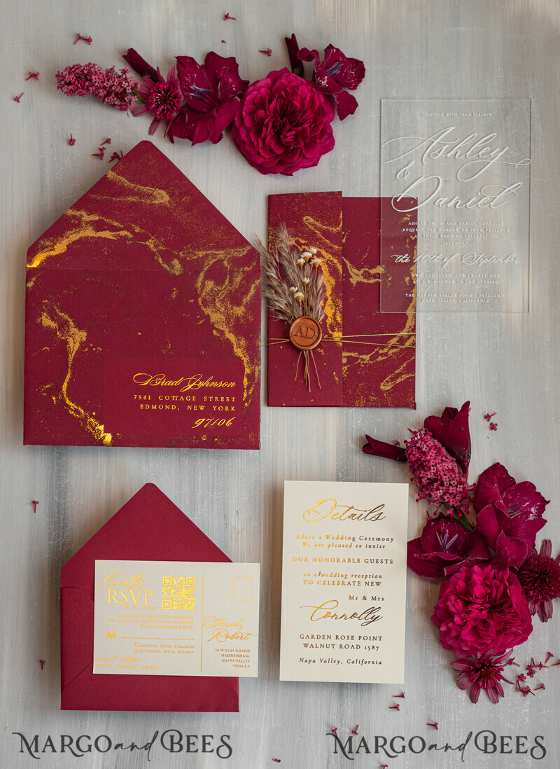 Burgundy Mirror gold Wedding Invitations, Elegant Marble Wedding Cards-19