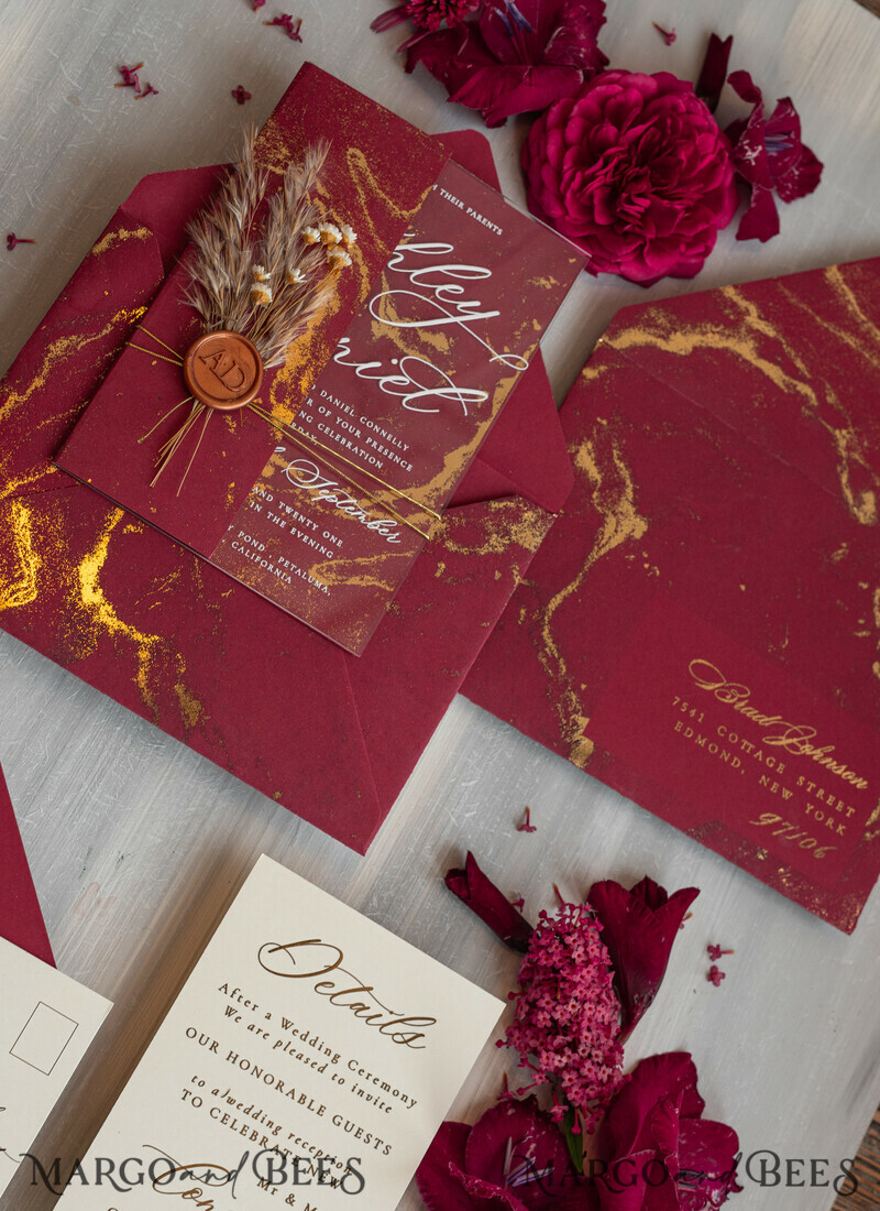 Burgundy Mirror gold Wedding Invitations, Elegant Marble Wedding Cards-20