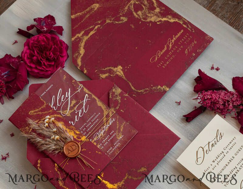 Burgundy Mirror gold Wedding Invitations, Elegant Marble Wedding Cards-21