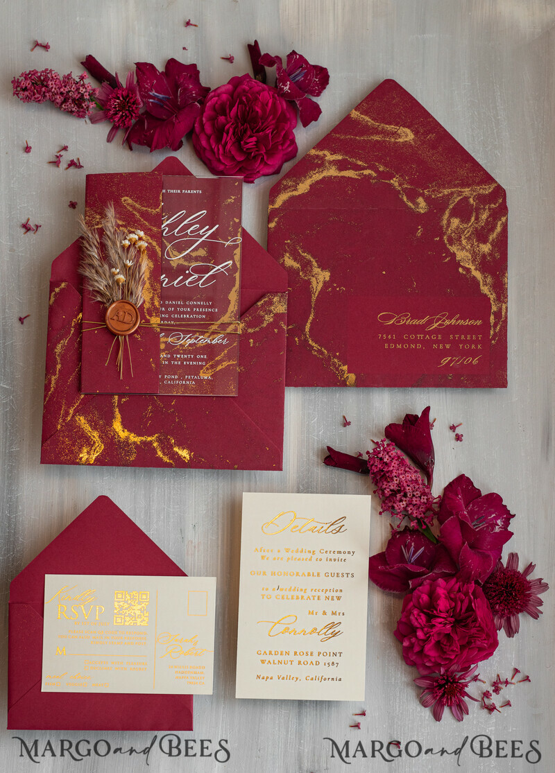 Burgundy Mirror gold Wedding Invitations, Elegant Marble Wedding Cards-0