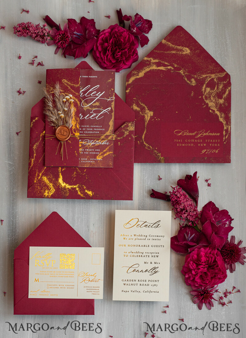 Burgundy Mirror gold Wedding Invitations, Elegant Marble Wedding Cards-22