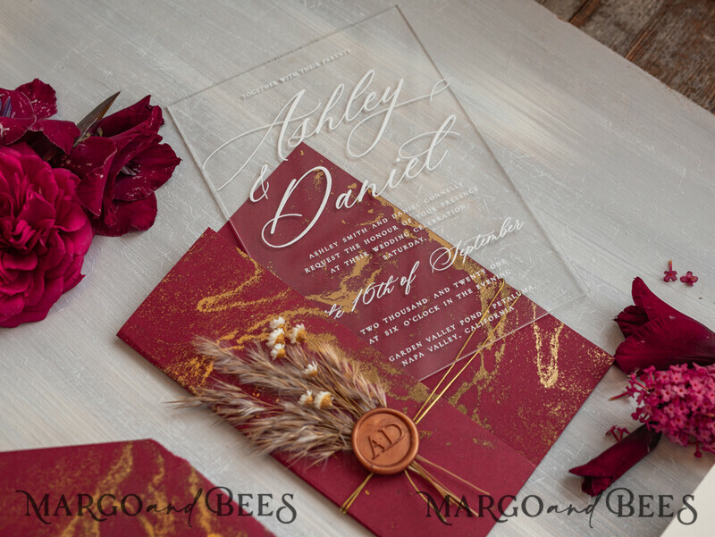 Burgundy Mirror gold Wedding Invitations, Elegant Marble Wedding Cards-5