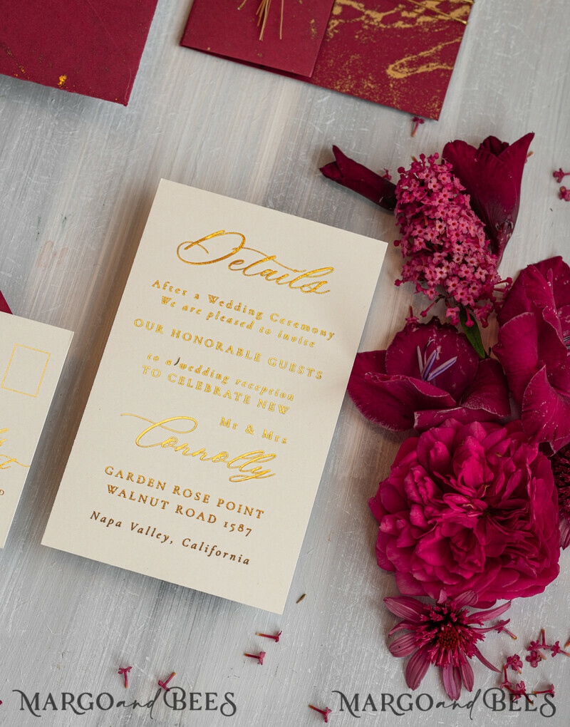 Burgundy Mirror gold Wedding Invitations, Elegant Marble Wedding Cards-7